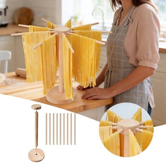 EcoNest Pasta Drying Rack Wooden Foldable Pasta Dryer Rack Stand Easy Storage & Quick Up Spaghetti Stand Hanger With 9 Suspension Rods For Kitchen Counter