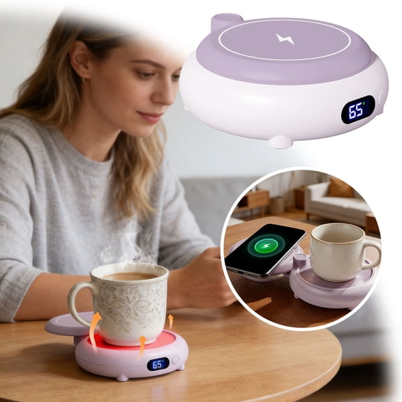 EcoNest Two In One Intelligent Insulated Cup Portable Coffee Cup Heater Suitable For Desks Automatically Shuts Off And Has Temperature Control Wireless Charging Version