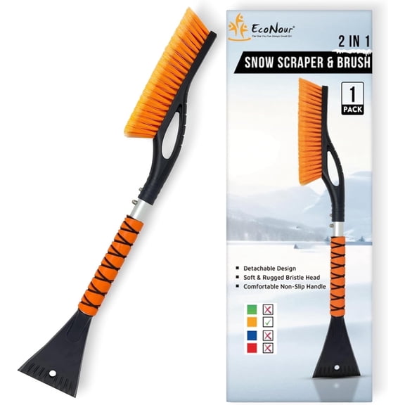 EcoNour 27 inch Extendable Aluminum Snow Brush with Ice Scrapers for Car Windshield and Window | Retractable Snow Removal Shovel and Brush with Ergonomic Foam Grip Winter Accessories (Orange)