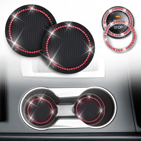 EcoNour Bling Car Accessories – Rhinestone Cup Holder Coasters 2 Pack & Push Start Button Cover, Red, Universal Fit