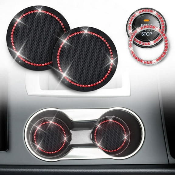 EcoNour Rhinestone Crystal Car Coasters 2 Pack with Push Start Button Bling for Red Interior