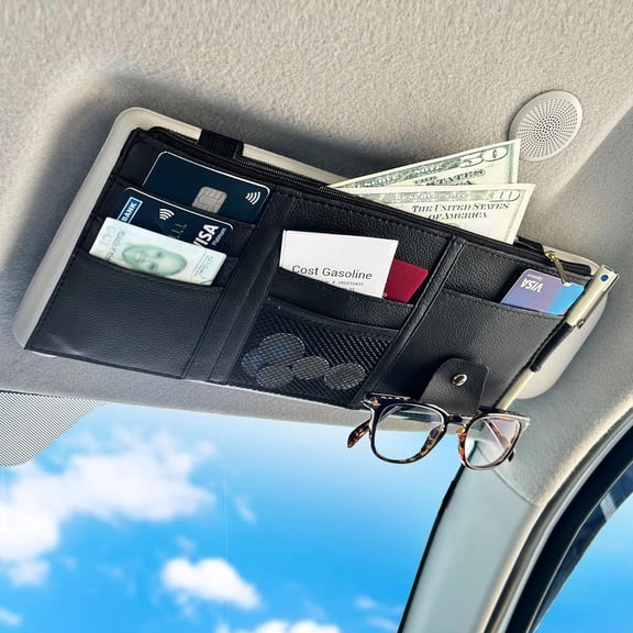 EcoNour Car Sun Visor Organizer (Black) | Multi-Pocket Visor Storage with Net & Zipper Case | Holder for Cards, Cash, Pens & Sunglasses | Interior Organizer Accessory for Cars & Trucks