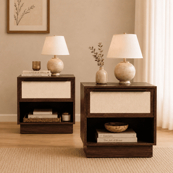 EcoNovi 2 Pack Dark Walnut Nightstand, Drawer and Open Shelf Bedside Table with Rattan-Look Front