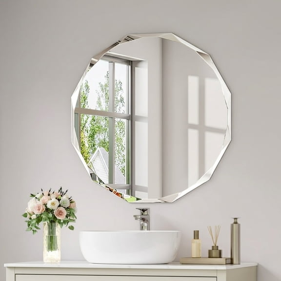 EcoNovi 24 Inch Faceted Round Wall Mirror, Frameless Diamond Cut Beveled Circle Vanity Mirror for Bathroom Powder Room Entryway