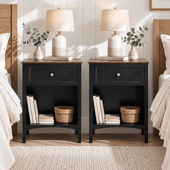 EcoNovi 26" Farmhouse Nightstand, 1-Drawer Bedside Table with Shelf, White/Black, 1 Pack/2 Pack