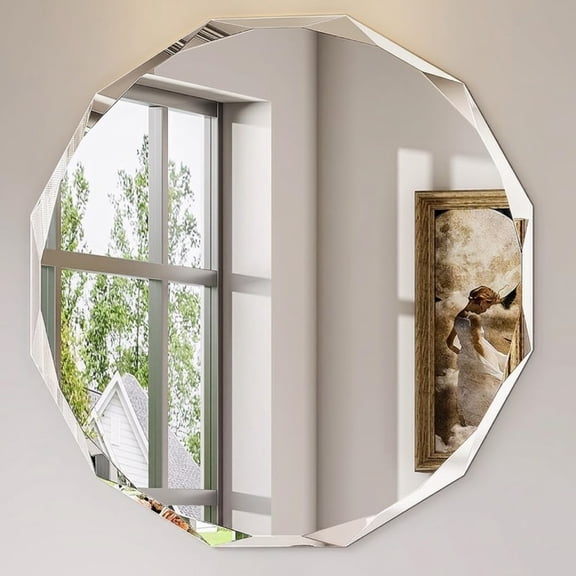 EcoNovi 30 Inch Faceted Round Wall Mirror, Frameless Diamond Cut Beveled Circle Vanity Mirror for Bathroom Entryway