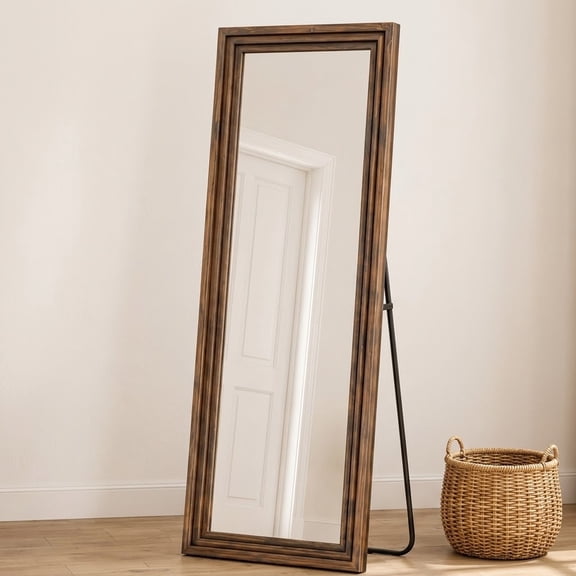 EcoNovi 63"x21" Rustic Wood Full Length Floor Mirror, Walnut Solid Wood Triple-Layer Frame Standing Mirror, Shatterproof Glass for Bedroom Entryway Living Room Leaning Wall Mounted