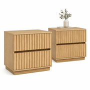 EcoNovi Natural Oak Fluted Nightstand, 1 or 2 Pack, 23.6" Wide Japandi Bedside Table with 2 Handleless Drawers