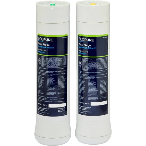 EcoPure ECODWF Dual Stage Water Filter, NSF Certified, Replacement Filter Set (Fits ECOP20 System)