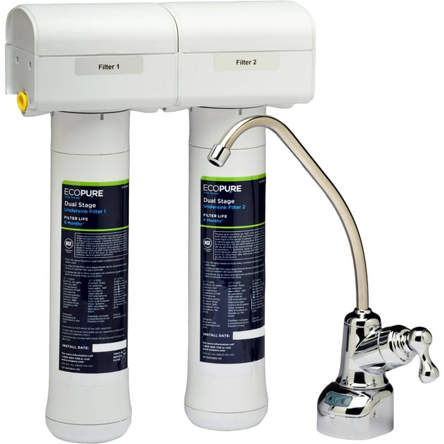 EcoPure ECOP20 No Mess Dual Stage Drinking Water Filter System, NSF Certified, Better Tasting Water at Your Kitchen Sink