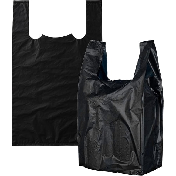 EcoQuality 1/6 Large Size 12x6.5x22 Inch Black Plastic Shopping Bags for Grocery Takeout Stores Retail Convenience Stores (600)