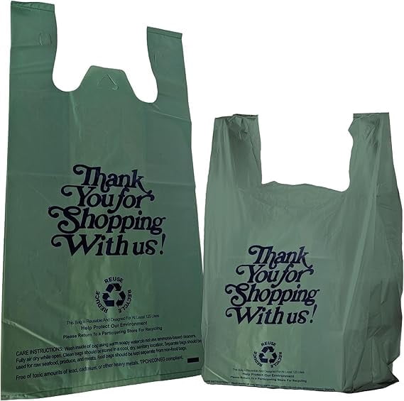 EcoQuality 1/6 Large Size 12x6.5x22 Inch Green Plastic Shopping Bags for Delivery, Retail, Grocery, Restaurant, Takeout, and Convenience Stores (160)