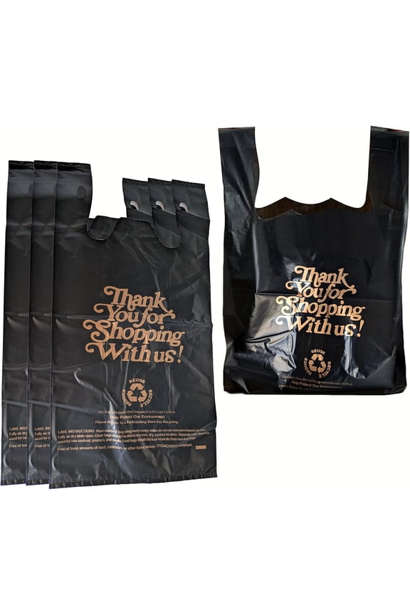 1/8 Medium Size 10x5x18 Inch Thank You Printed Black Plastic Shopping Bags for Grocery, Takeout, Stores, Retail, Convenience Store Use Durable and Tear Resistant Bulk Bags (5000)