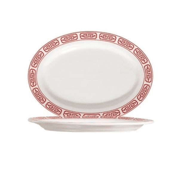 EcoQuality 10.25 Inch Bone White Red Porcelain Oval Platter - For Entrees, Seafood, Appetizers - For Restaurants, Catering, and Banquets (12)