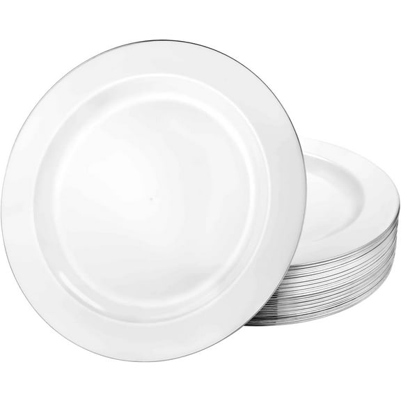 EcoQuality 10.25 Inch White Dinner Plate with Silver Edge – Elegant Disposable Tableware for Weddings Parties and Events – Durable and Reusable Design – Perfect for Catering Buffets (10)