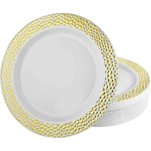 EcoQuality 10.25 inch Gold Plastic Round Dinner Plate Pebble Design – Elegant Disposable Tableware for Weddings Parties and Events – Durable Stylish and Reusable Design – Catering Buffets (10)
