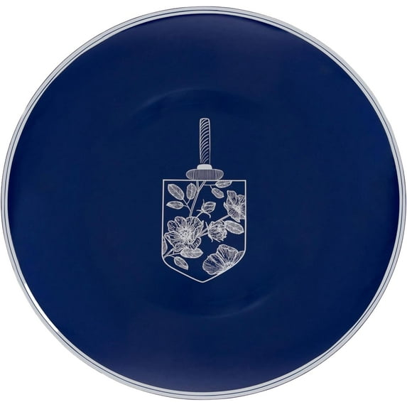 EcoQuality 10.25" inch Round Plastic Plates Blue Hanukkah Dinner Plates with Silver Chanukah Dreidel Design Hanukkah Party Disposable Dessert China Like Heavy Duty Charger Plate Kosher (80)