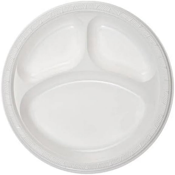 EcoQuality 10 Inch White 3 Compartment Plastic Plates – Disposable Heavy Duty Divided Plates for Lunch, Dinner, Parties, Catering, BBQs, Picnics, and Events Durable and Convenient Tableware (50)