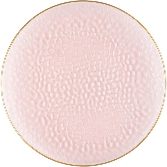 EcoQuality 10" inch Round Hammered Translucent Pink Plastic Plates with Gold Rim - China Like Party Plates, Heavy Duty Large Disposable Dinner Charger Salad Plate Weddings, Serveware (10 Pack)