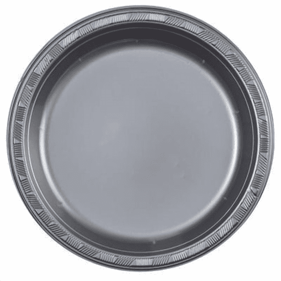 EcoQuality 10 Inch Silver Plastic Round Plate, Disposable, 50 Pack
