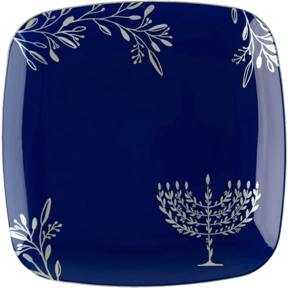 EcoQuality 10" inch Square Plastic Plates Heavy Duty Plastic Hanukkah Dinner Plates with Blue Silver Chanukah Design Hanukkah Party Disposable Entree Plate China Like Blue Charger Plate (10 Pack)