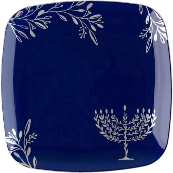 EcoQuality 10" inch Square Plastic Plates Heavy Duty Plastic Hanukkah Dinner Plates with Blue Silver Chanukah Design Hanukkah Party Disposable Entree Plate China Like Blue Charger Plate (110 Pack)