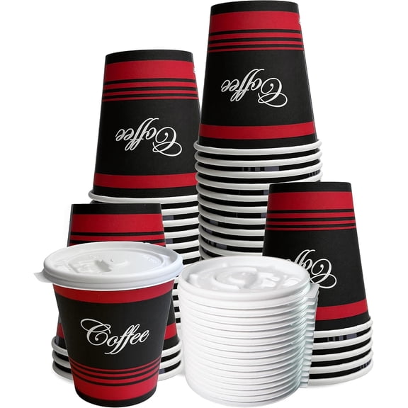 EcoQuality 10 oz Durable Disposable Paper Hot Cups & White Flat Lids For Hot/Cold Drink, Coffee, Tea, Cocoa, Travel, Paper Coffee (400)