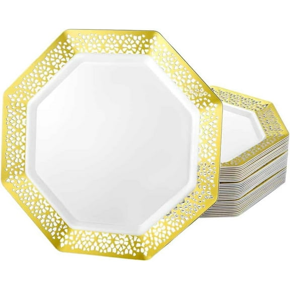 EcoQuality 11 Inches Gold Octagon Plastic Dinner Plate – Elegant Disposable Dinnerware for Weddings, Parties, and Events – Durable, Stylish, and Reusable Tableware (70)