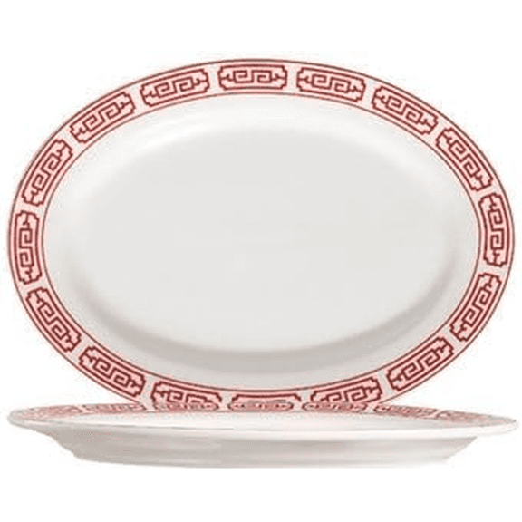 EcoQuality 12.25 Inch Bone White Red Porcelain Oval Platter - For Entrees, Seafood, Appetizers - For Restaurants, Catering, and Banquets (12)