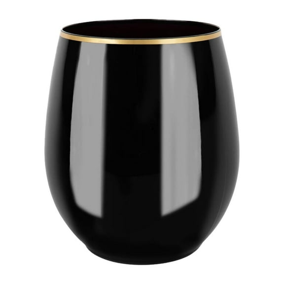 EcoQuality 12 oz Black Plastic Stemless Wine Glasses with Gold Rim, Disposable Unbreakable Shatterproof Elegant and Reusable Wine Tumbler for Partys, Weddings, Ideal for Indoor or Outdoor Events (6)