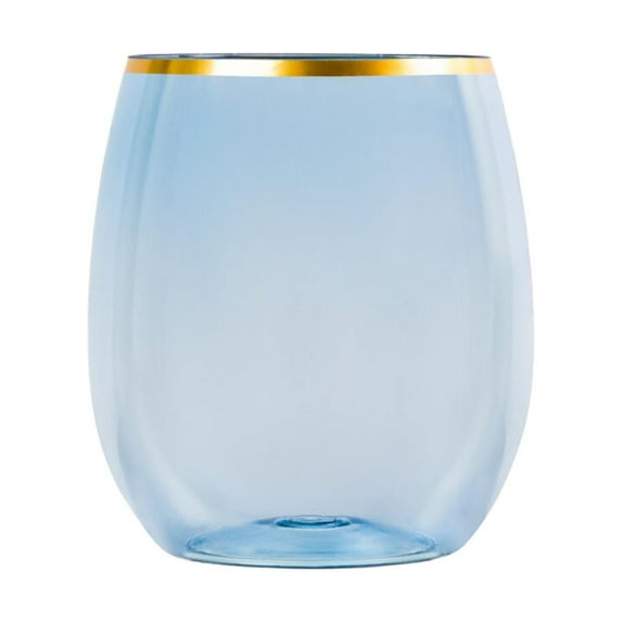 EcoQuality 12 oz Blue Plastic Stemless Wine Glasses with Gold Rim, Disposable Unbreakable Shatterproof Elegant and Reusable Wine Tumbler for Partys, Weddings, Ideal for Indoor or Outdoor Events (36)