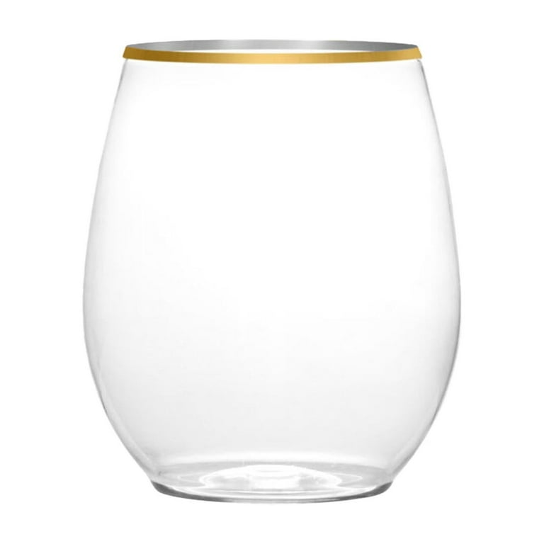 EcoQuality 12 oz Clear Plastic Stemless Wine Glasses with Gold Rim,  Disposable Unbreakable Shatterproof Elegant and Reusable Wine Tumbler for  Partys