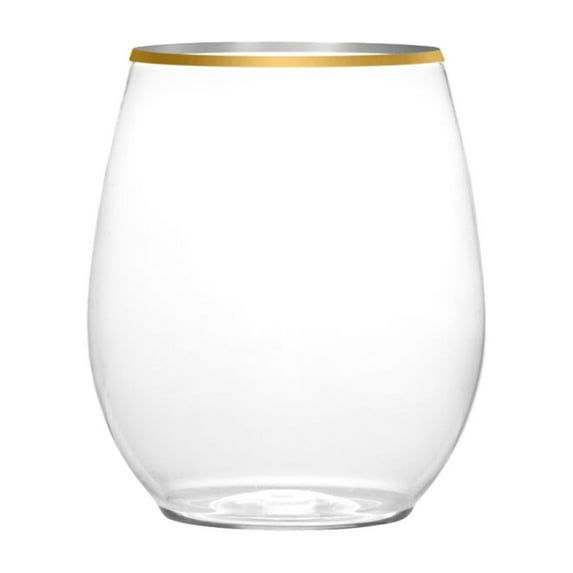 EcoQuality 12 oz Clear Plastic Stemless Wine Glasses with Gold Rim, Disposable Unbreakable Shatterproof Elegant and Reusable Wine Tumbler for Partys, Weddings, Ideal for Indoor or Outdoor Events (42)