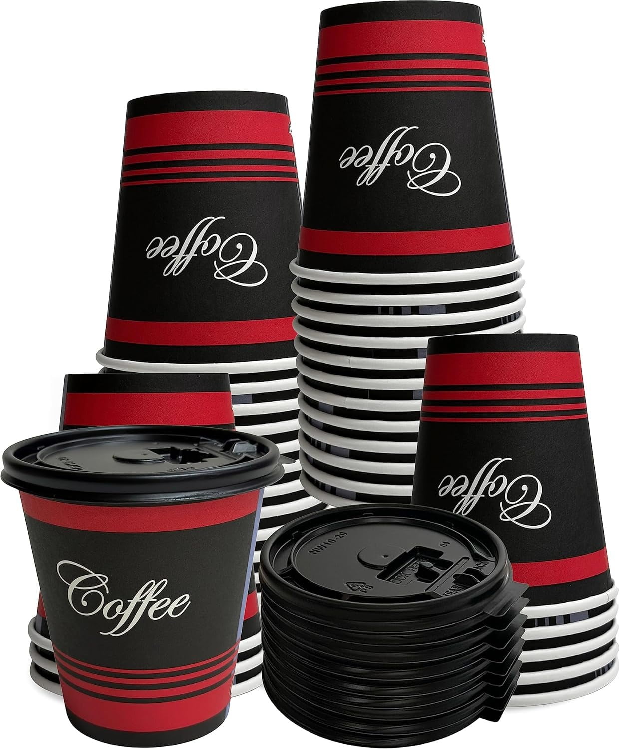 EcoQuality 12 oz Disposable Paper Coffee Cups with Black Flat Lids ...