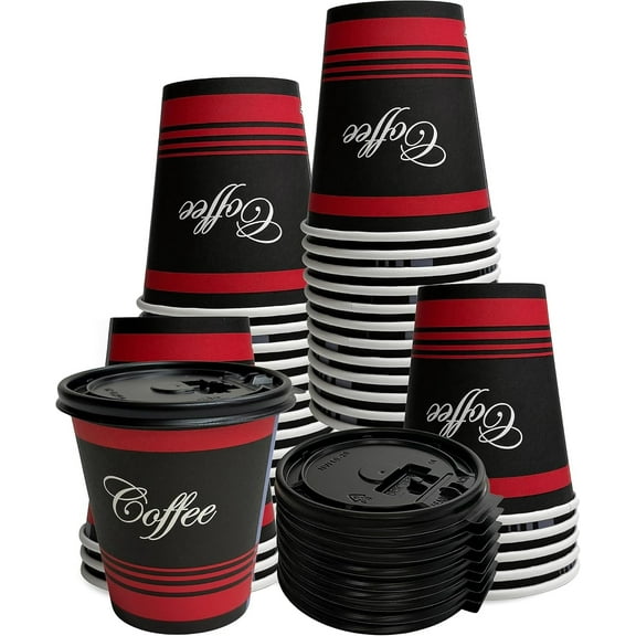 EcoQuality 12 oz Disposable Paper Coffee Cups with Black Flat Lids, Recyclable Hot/Cold Beverage Paper Drinking Cups with Lids for Tea, Water, Coffee, Travel, Picnic, Breakroom, Office (25 PACK)