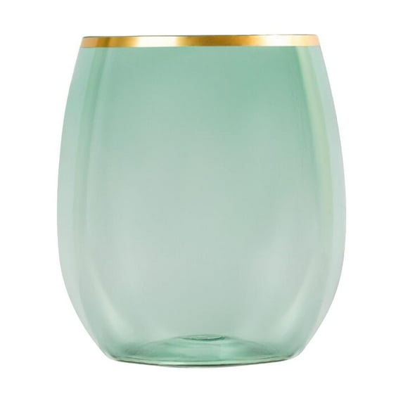EcoQuality 12 oz Green Plastic Stemless Wine Glasses with Gold Rim, Disposable Unbreakable Shatterproof Elegant and Reusable Wine Tumbler for Partys, Weddings, Ideal for Indoor or Outdoor Events (6)