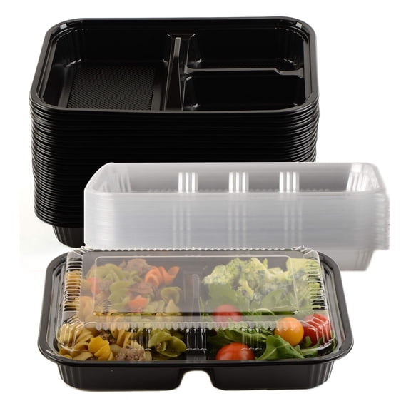 EcoQuality [135 Pack] 3 Compartment Black Disposable Container with Lids, Meal Prep Container, Food Storage Bento Box, Disposable, Stir Fry | Lunch Boxes | BPA Free