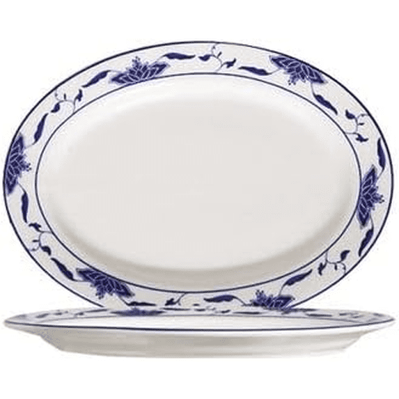 EcoQuality 14 Inch Porcelain Oval Serving Platter, Bone White Blue Rolled Edge Plate for Entrees, Seafood & Catering (12)
