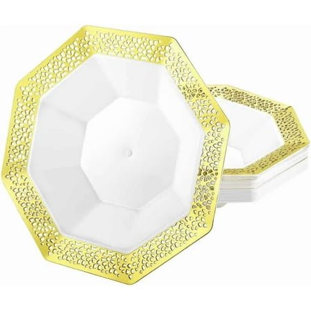 EcoQuality 14oz Gold Octagon Plastic Bowl - Elegant Disposable Serving Bowl for Weddings, Parties, and Special Events - Durable, Stylish, Reusable Tableware - Perfect for Catering and Buffets (10)