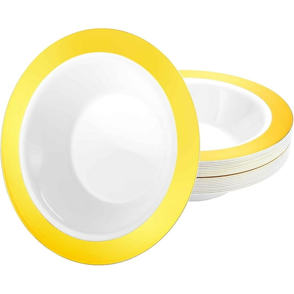 EcoQuality 14oz White Round Plastic Bowl with Gold Rim - Elegant Disposable Serving Bowl for Weddings, Parties, and Special Events - Durable, Reusable Tableware - Catering and Buffets (10)