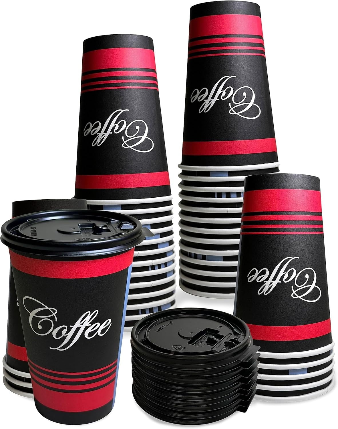 EcoQuality 16 oz Disposable Paper Coffee Cups with Black Flat Lids ...