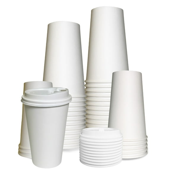EcoQuality 16 oz White Hot Drink Paper Cups with White Dome Lids - Disposable Paper Coffee Cups perfect for Tea, Latte's, Coffee Shops, Restaurant Grade (150)