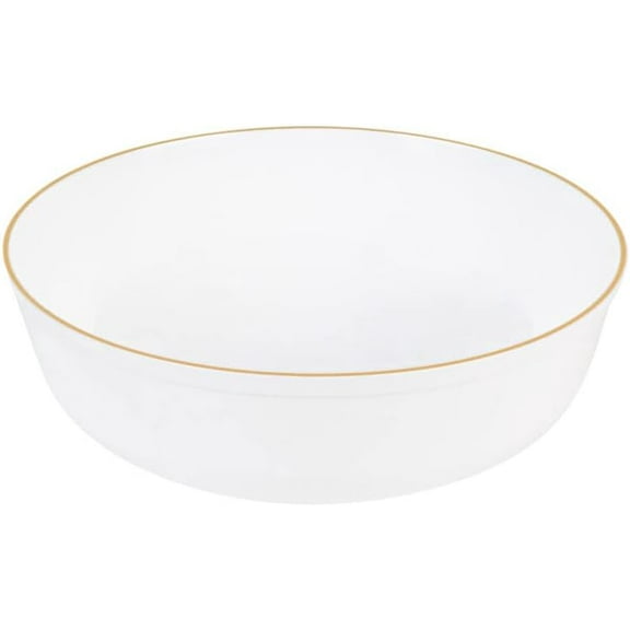 EcoQuality 16 oz White Plastic Round Bowls with Gold Rim - Disposable Plastic Soup Bowls, Heavy Duty Salad Bowls, Reusable Soup Bowl, Baby Showers, Weddings, Birthday Party, BPA Free (10)