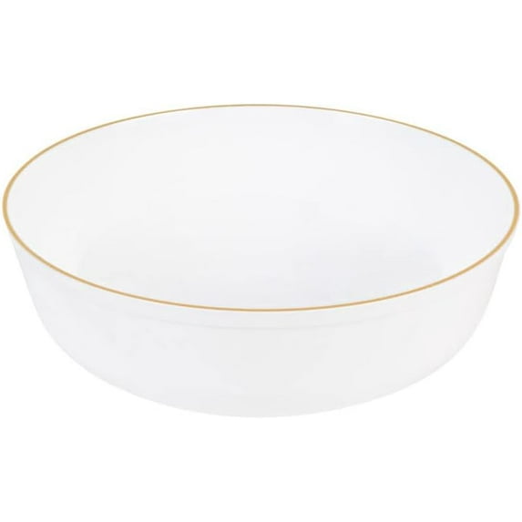 EcoQuality 16 oz White Plastic Round Bowls with Gold Rim - Disposable Plastic Soup Bowls, Heavy Duty Salad Bowls, Reusable Soup Bowl, Baby Showers, Weddings, Birthday Party, BPA Free (100)