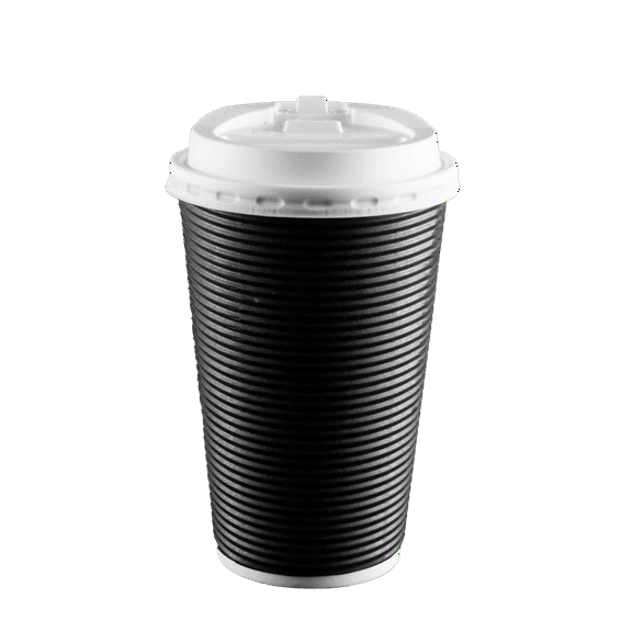 EcoQuality 16oz Black Ripple Hot Cup with Lid - Biodegradable Disposable Paper Cups - Eco-friendly Hot Cups for Home, Office, Events, Wedding, Parties (120)