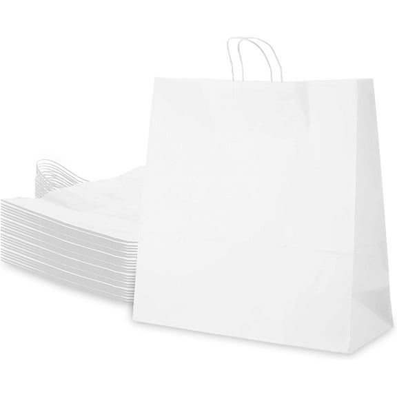 EcoQuality 18x7x19 inches - 50pcs - Jumbo White Kraft Paper Bags with Handles, Shopping, Gift Bags, Party, Retail, Merchandise, Lunch Bags, Grocery Bags, Strong, Reusable, Durable, Ecofriendly