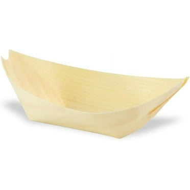 EcoQuality 2.5oz Disposable Compostable Wooden Food Tray Boat 3x5x1.3 Inch Small Serving Boats for Appetizers Dipping Sauces Ketchup Snacks Catering Food Trucks and Party Supplies (100)