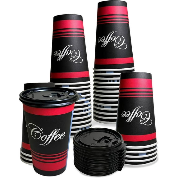 EcoQuality 20 oz Disposable Paper Coffee Cups with Black Flat Lids, Recyclable Hot/Cold Beverage Paper Drinking Cups with Lids for Tea, Water, Coffee, Travel, Picnic, Breakroom, Office (50 PACK)