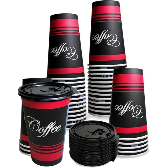 EcoQuality 20 oz Black Paper Coffee Cups With Lids, Disposable Hot Cups, 25 Count
