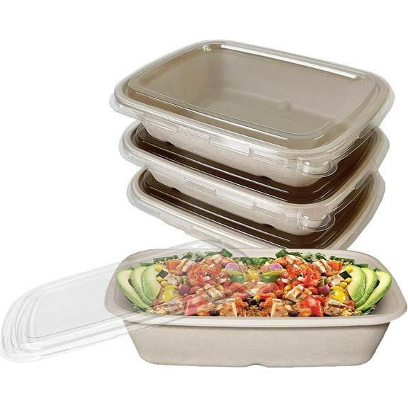 EcoQuality 29oz Disposable Bowls with Clear Lids - Rectangular Compostable Sugarcane Fiber Biodegradable Paper Bowls Eco-Friendly Take Out Food Storage Containers, Microwave Safe (25 PACK)